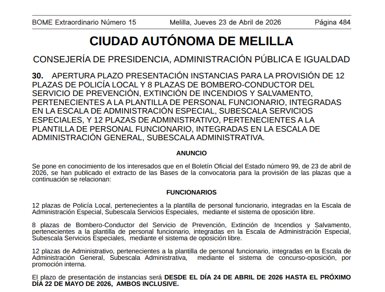 Abierto el plazo de presentación de Instancias para las 12 Plazass de Policía Local de Melilla